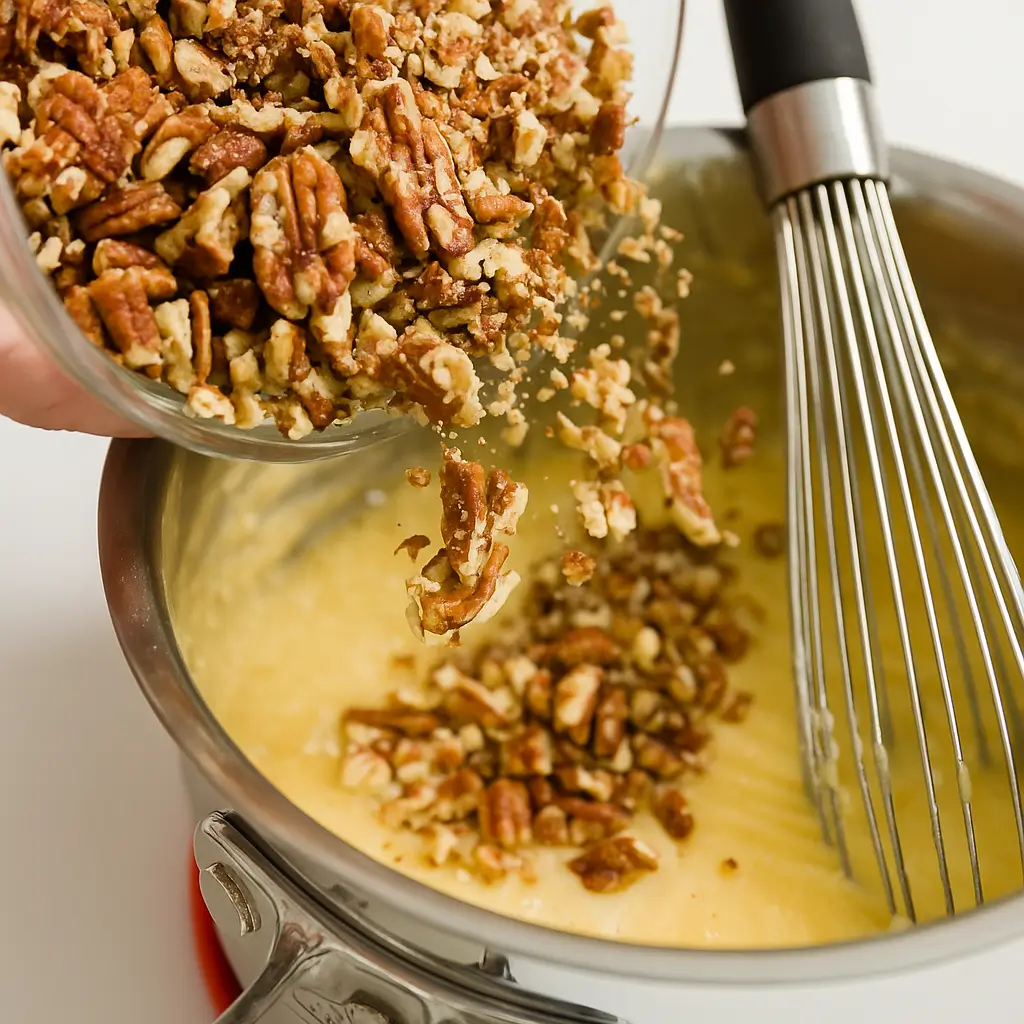 Adding chopped pecans to German chocolate filling