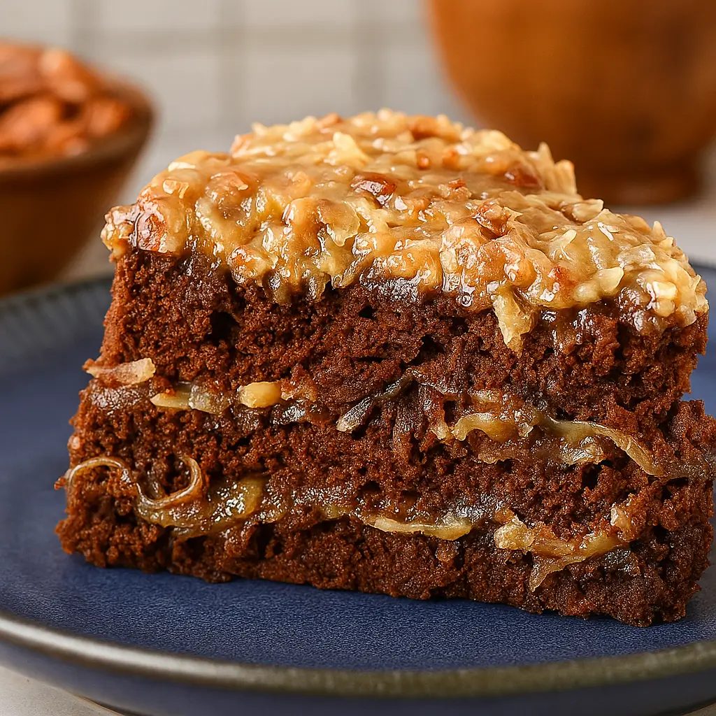 Slice of gluten free German chocolate cake with coconut pecan frosting