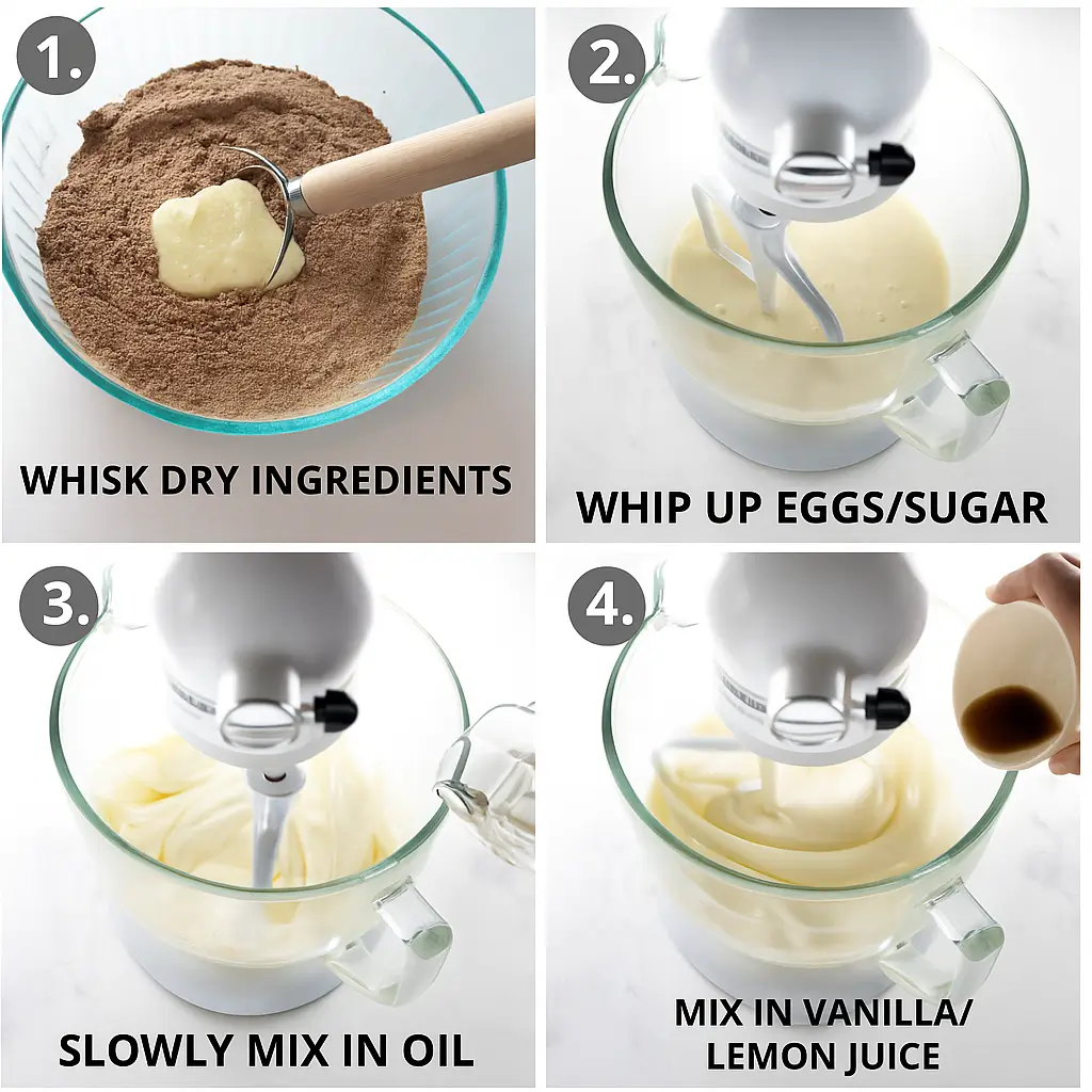 Step-by-step cake batter preparation with stand mixer