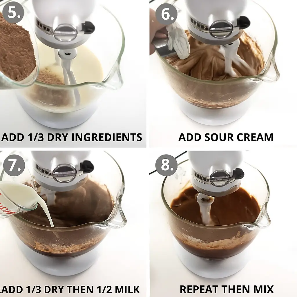 Cake batter mixing steps with stand mixer (steps 5–8)