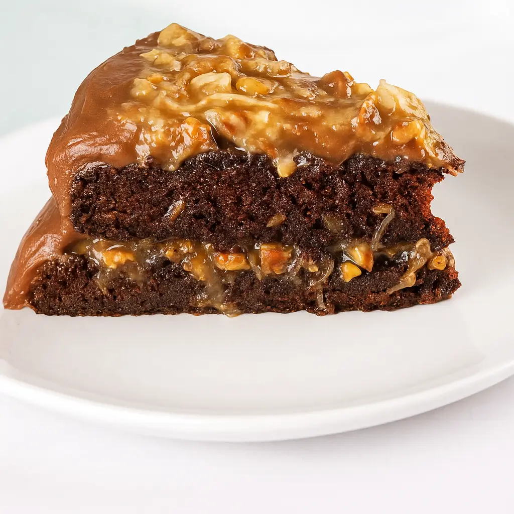 vegan-german-chocolate-cake-layered Vegan German chocolate cake slice with frosting and filling