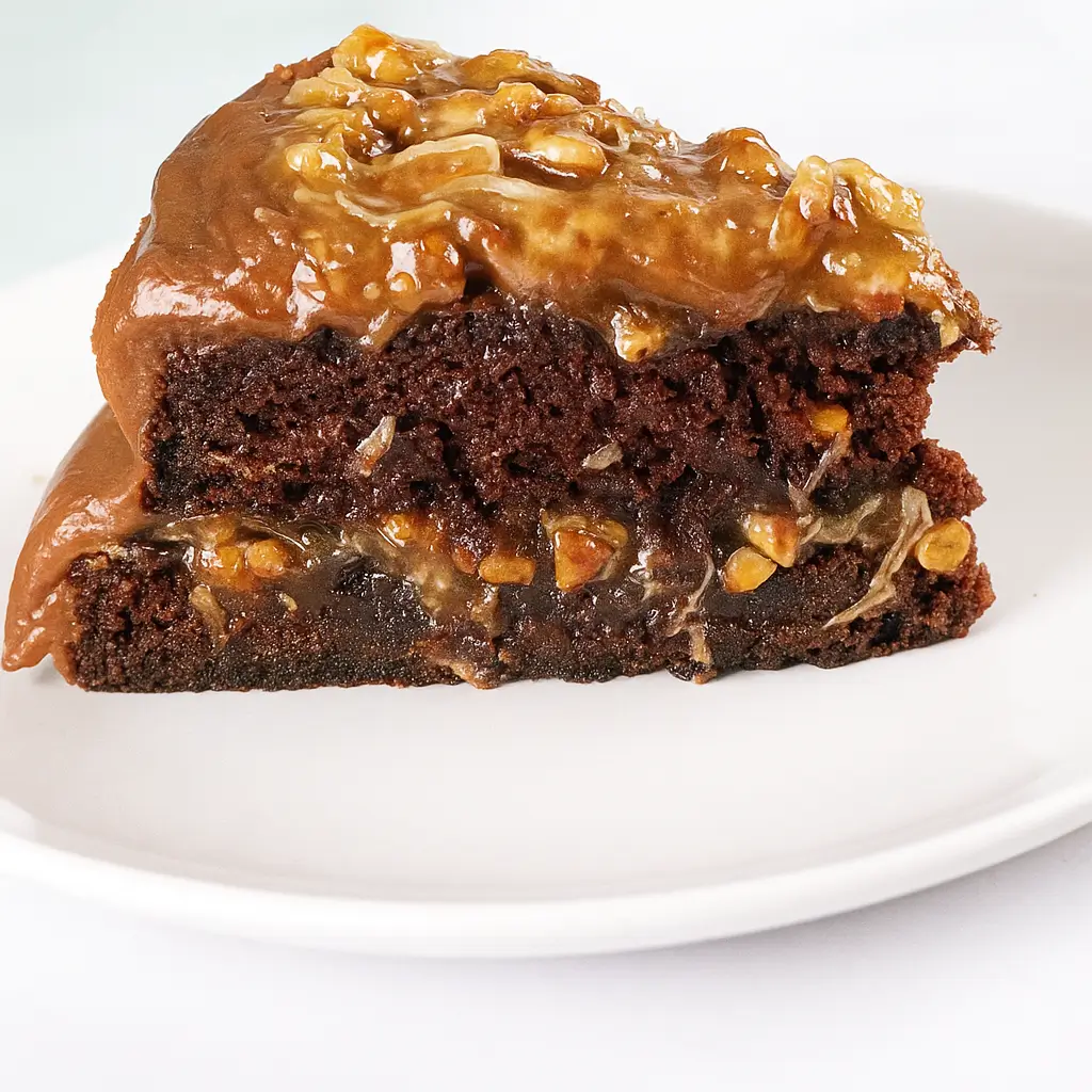 Slice of vegan German chocolate cake with frosting
