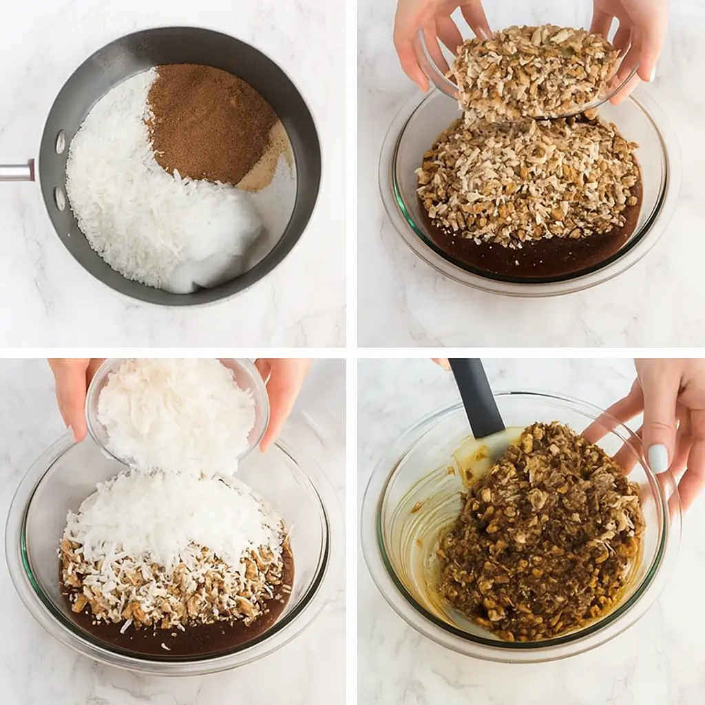 Making vegan coconut pecan frosting for German chocolate cake