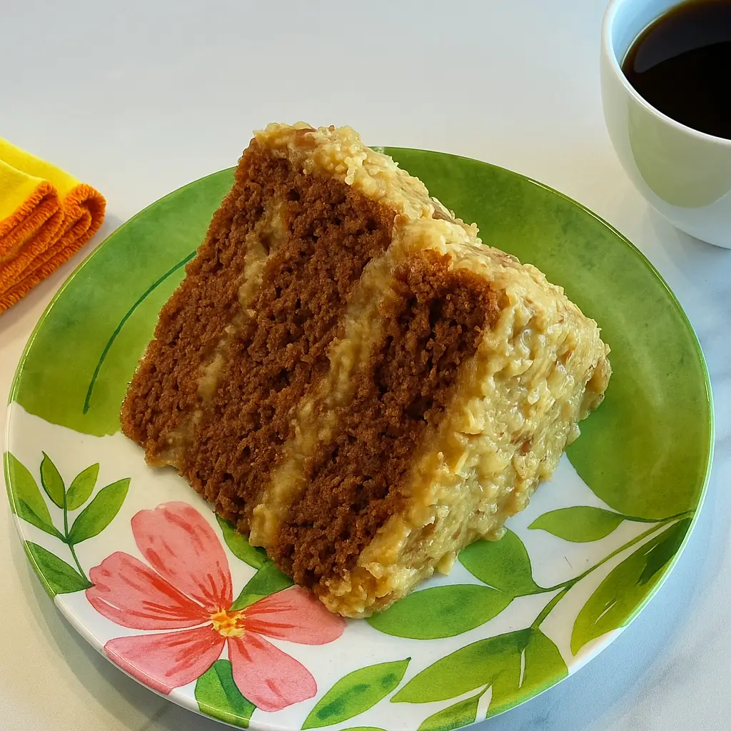 Slice of original German chocolate cake on green floral plate
