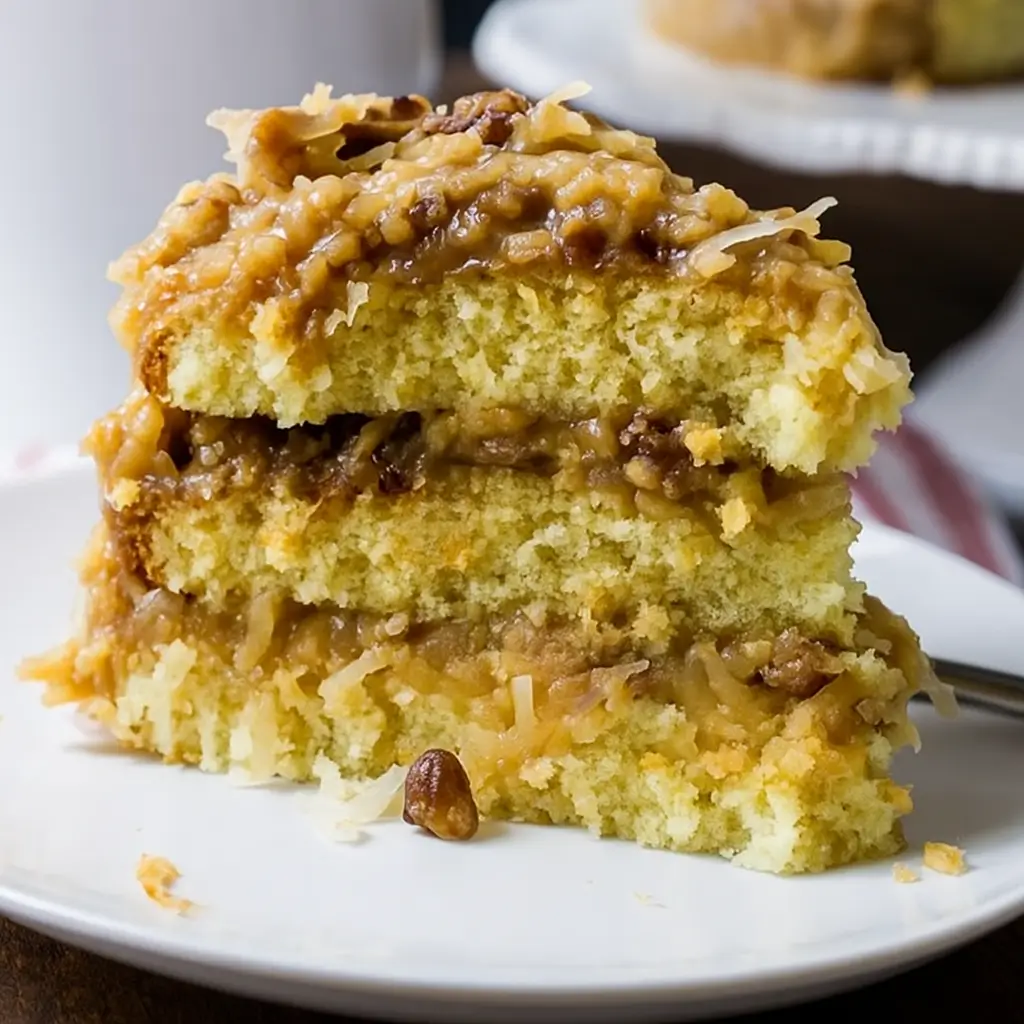 Slice of white german chocolate cake with cheesecake center