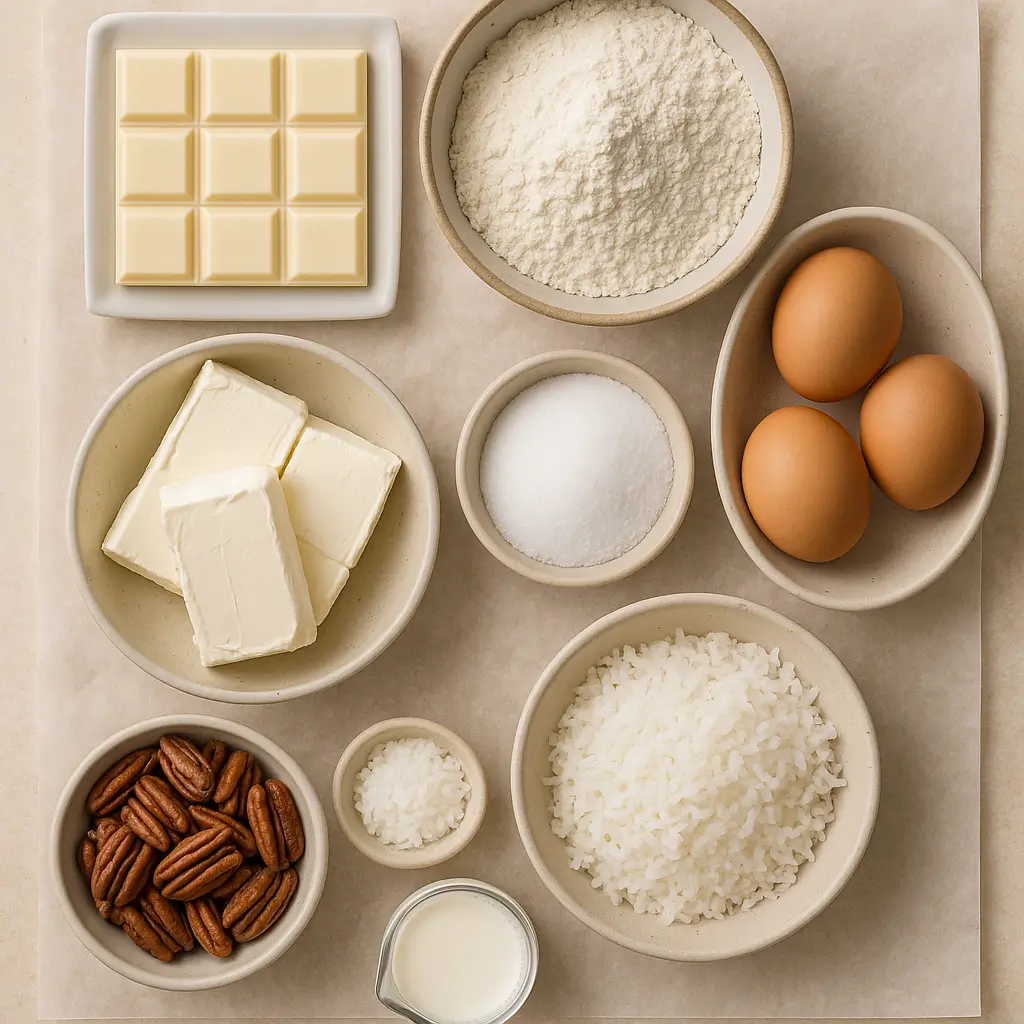 Ingredients for white German chocolate cake with cheesecake center