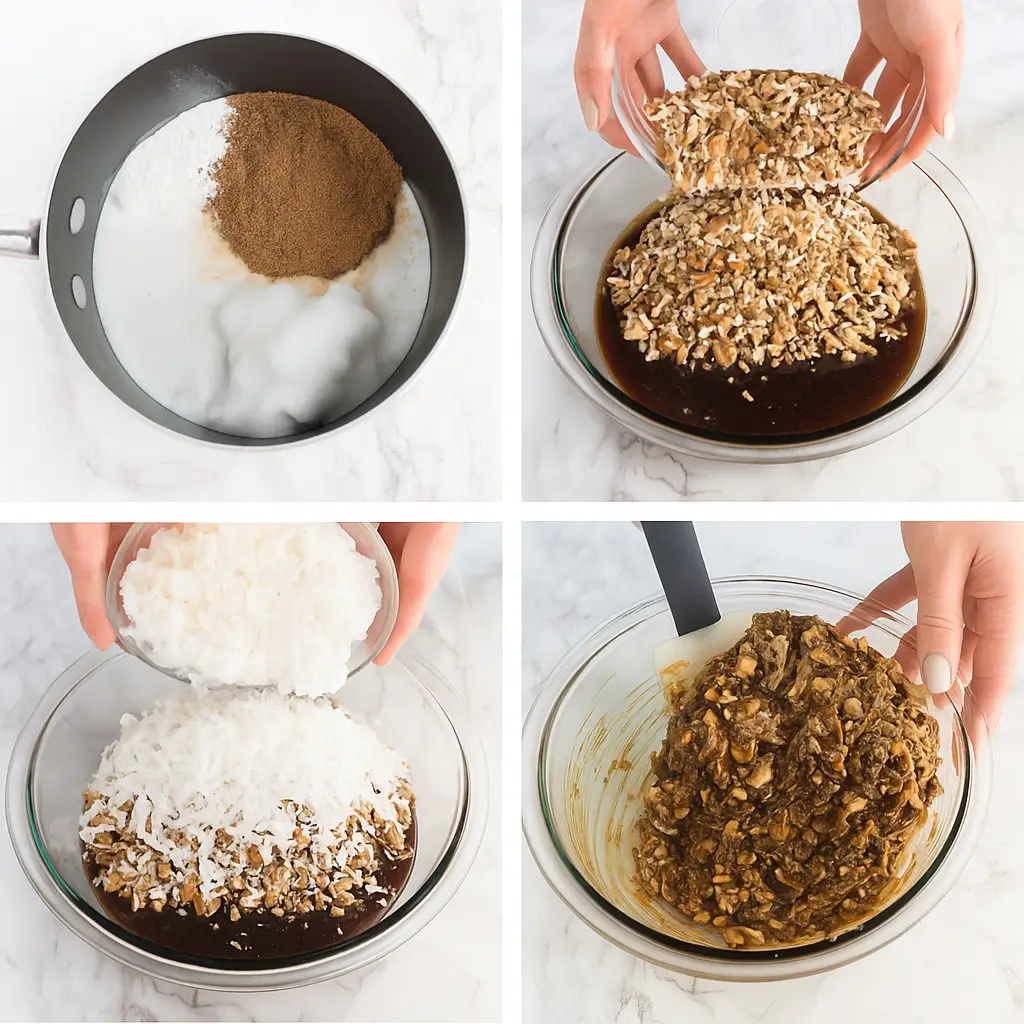 Step-by-step mixing of coconut pecan frosting for cake