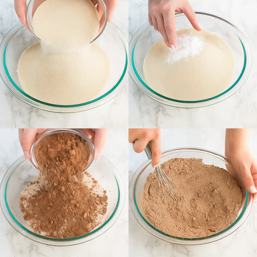 Mixing cocoa powder, sugar, and leavening for cake batter