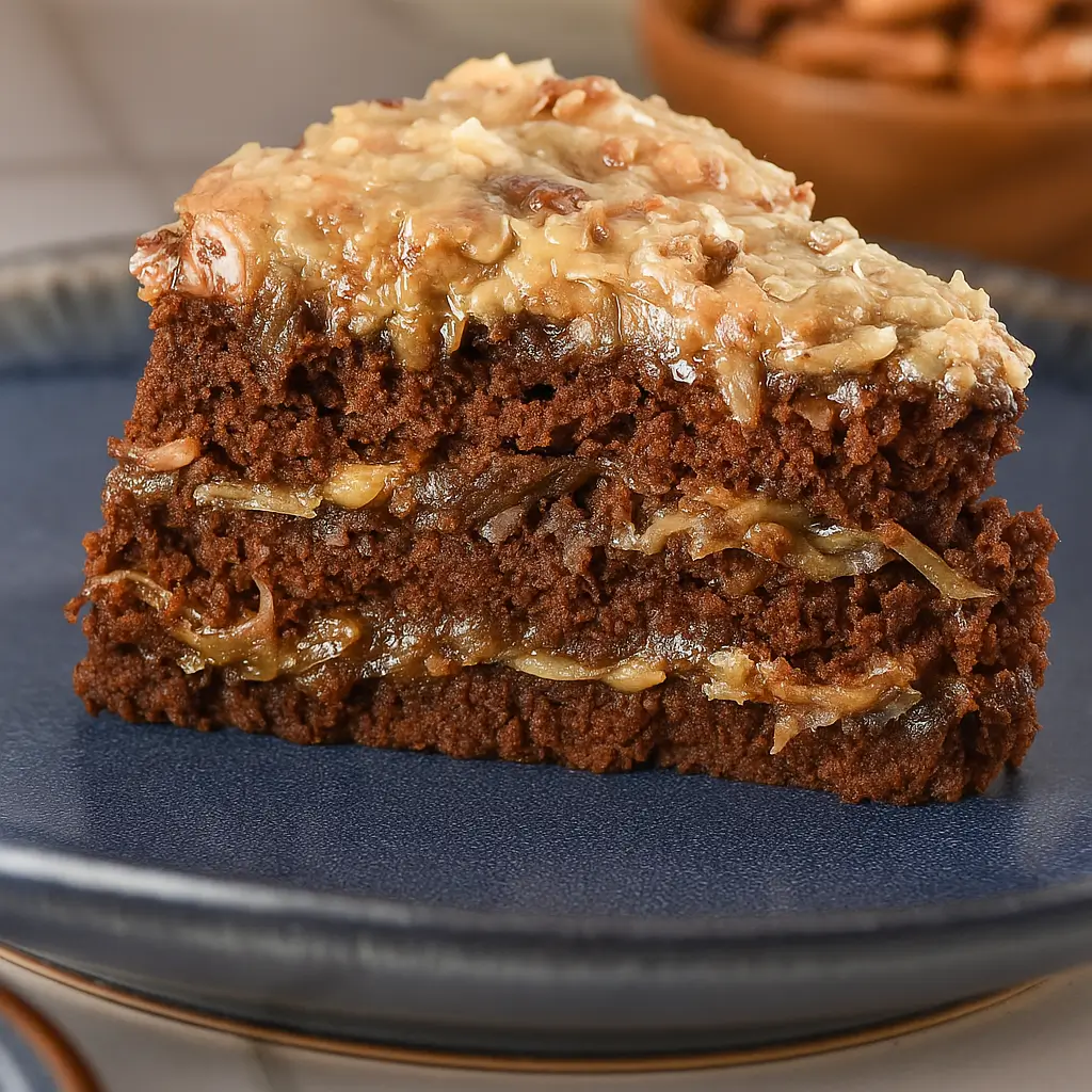Slice of German chocolate cake recipe with coconut pecan layers