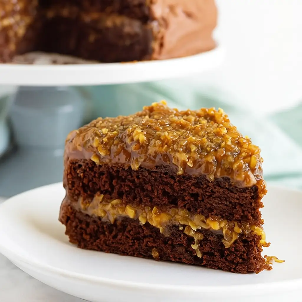 Slice of layered German chocolate cake with coconut pecan topping