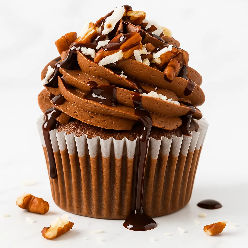 German chocolate cupcakes with coconut pecan frosting